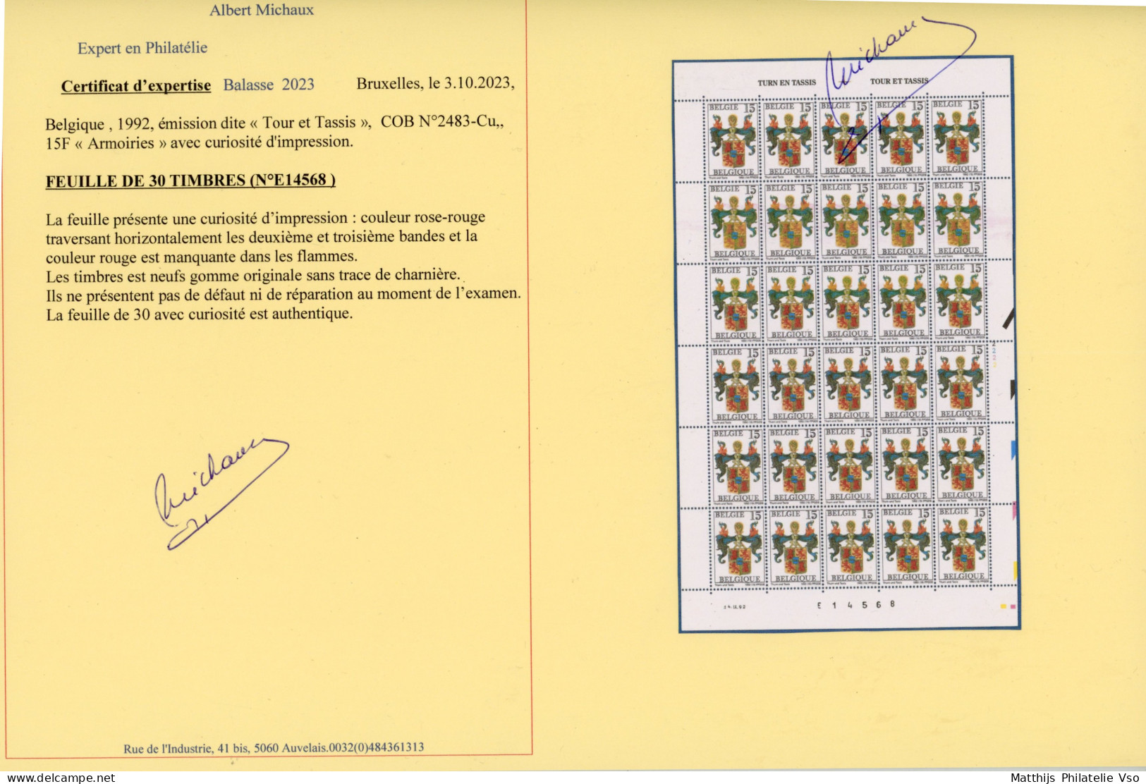 [** SUP] N° 2483-Cu, 'Tour Et Tassis' Feuille Complète De 30 Exemplaires Avec Grande Bande Rouge D'impression Traversant - Other & Unclassified