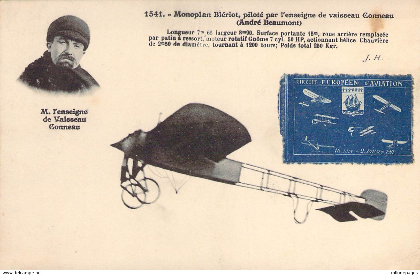 Vignette Bleue Circuit Européen D'aviation 18 Juin-2 Juillet 1911 Sur Carte Monoplan Blériot Texte Intéressant - Aviation