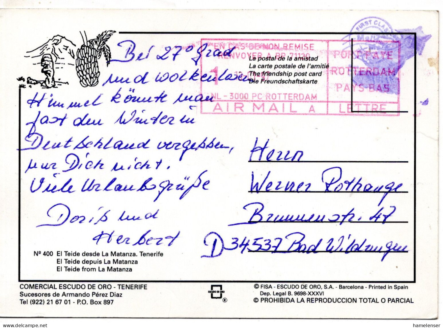 75884 - Spanien - 1997 - PP-Stpl A Remailing-LpAnsKte ROTTERDAM -> Deutschland - Storia Postale