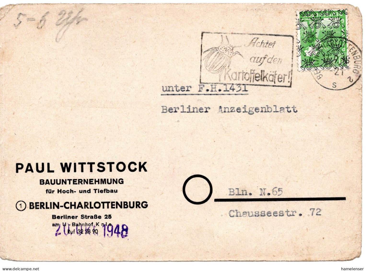 75899 - Berlin - 1948 - Bizone 10Pfg Netzaufdruck EF A OrtsKte BERLIN - ACHTET AUF DEN KARTOFFELKAEFER - Lettres & Documents