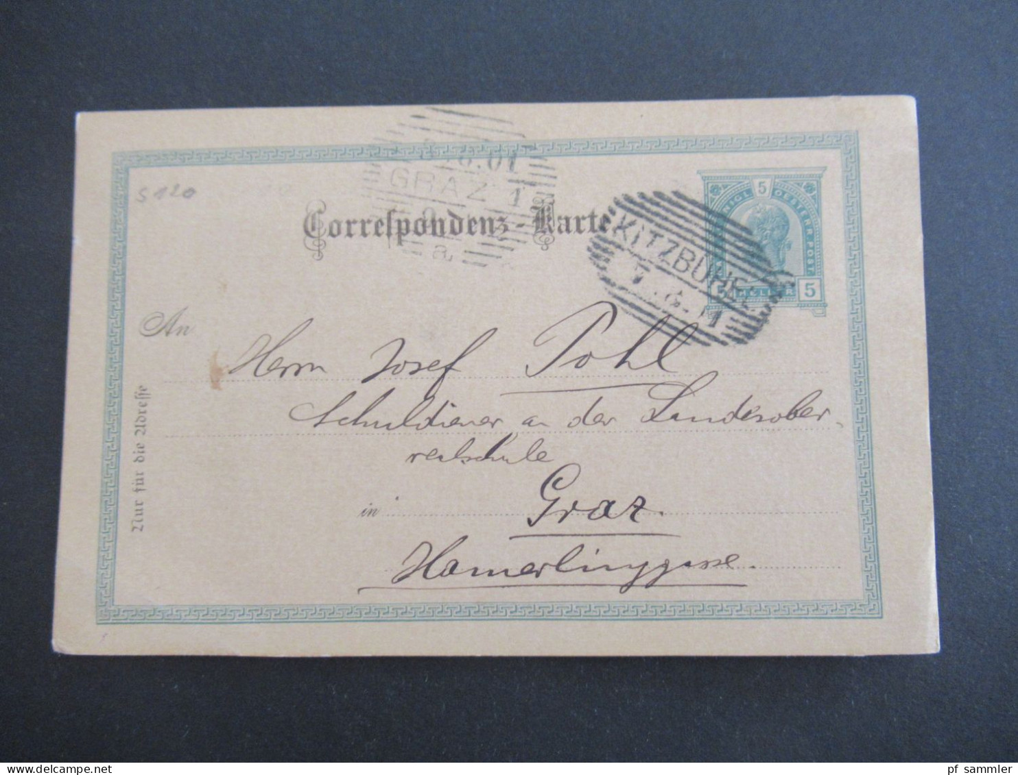 Österreich 1901 GA 5 Heller Strichstempel Kitzbühel Nach Graz An Den Schuldiener Der Landes Oberrealschule - Briefkaarten