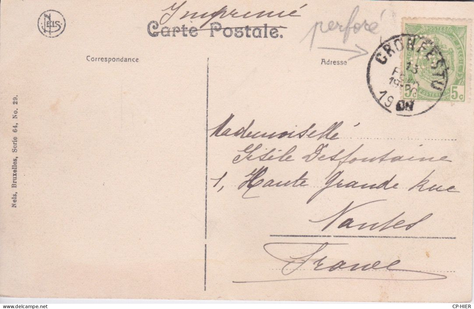 BELGIQUE - TIMBRE PERFORE J-D  190? - CACHET POSTAL CRONFESTU  - CPA  MORLANWELZ MARIEMONT - LES BAINS PARC - Sonstige & Ohne Zuordnung