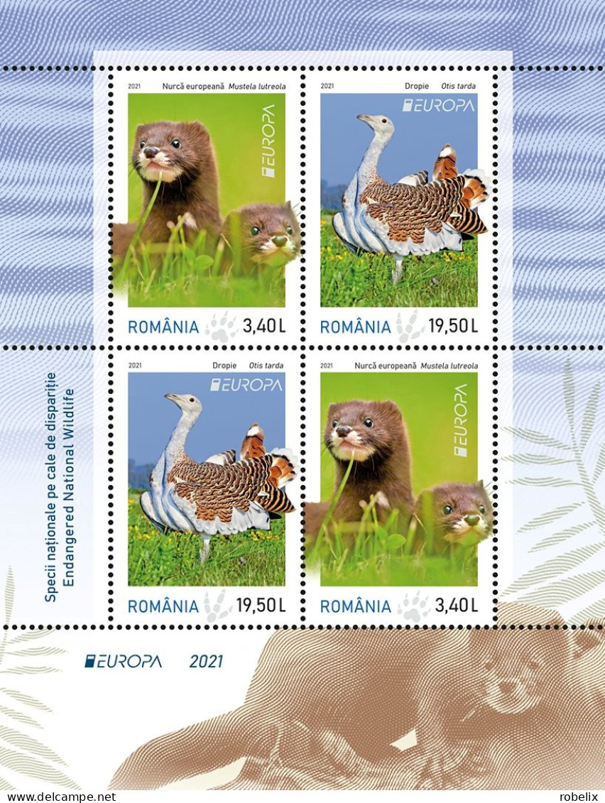 ROMANIA - EUROPA CEPT- 2021 - ENDANGERED  WILDLIFE - M/S - Blocks Model I With 4 Stamps(2 Sets)  MNH** - 2021