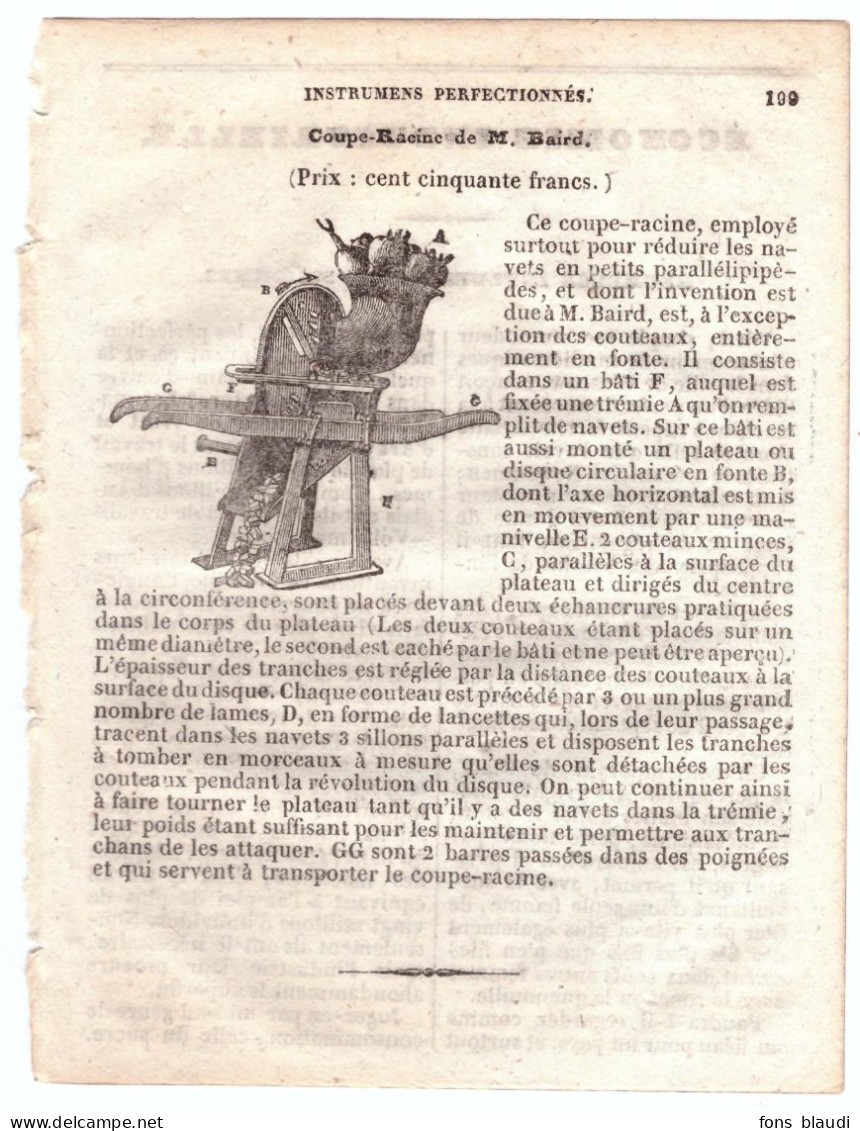 1833 - Gravure Sur Bois - Publicité Pour Le Coupe-Racine De Monsieur Baird - Agronomie - Paysannerie - Matériel Et Accessoires