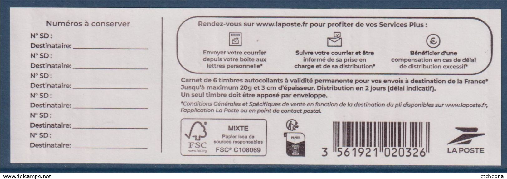 Marianne De L'Avenir Service Plus Adhésif Carnet X6 Avec Numéro De Nappe 9603104 - 2023-... Marianne De L’avenir