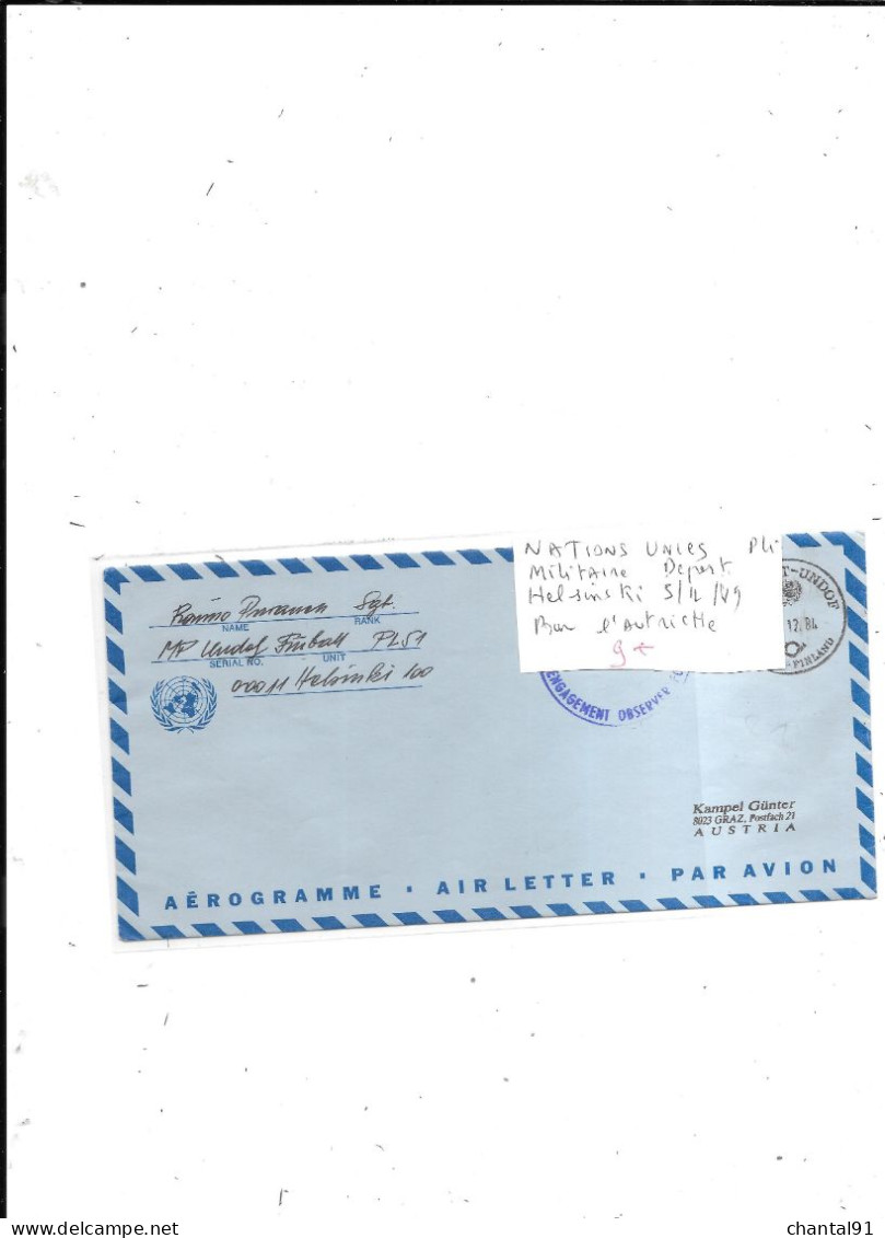 NATIONS UNIES PLI MILITAIRE DEPART HELSINKI 5/12/89 POUR L'AUTRICHE - Lettres & Documents