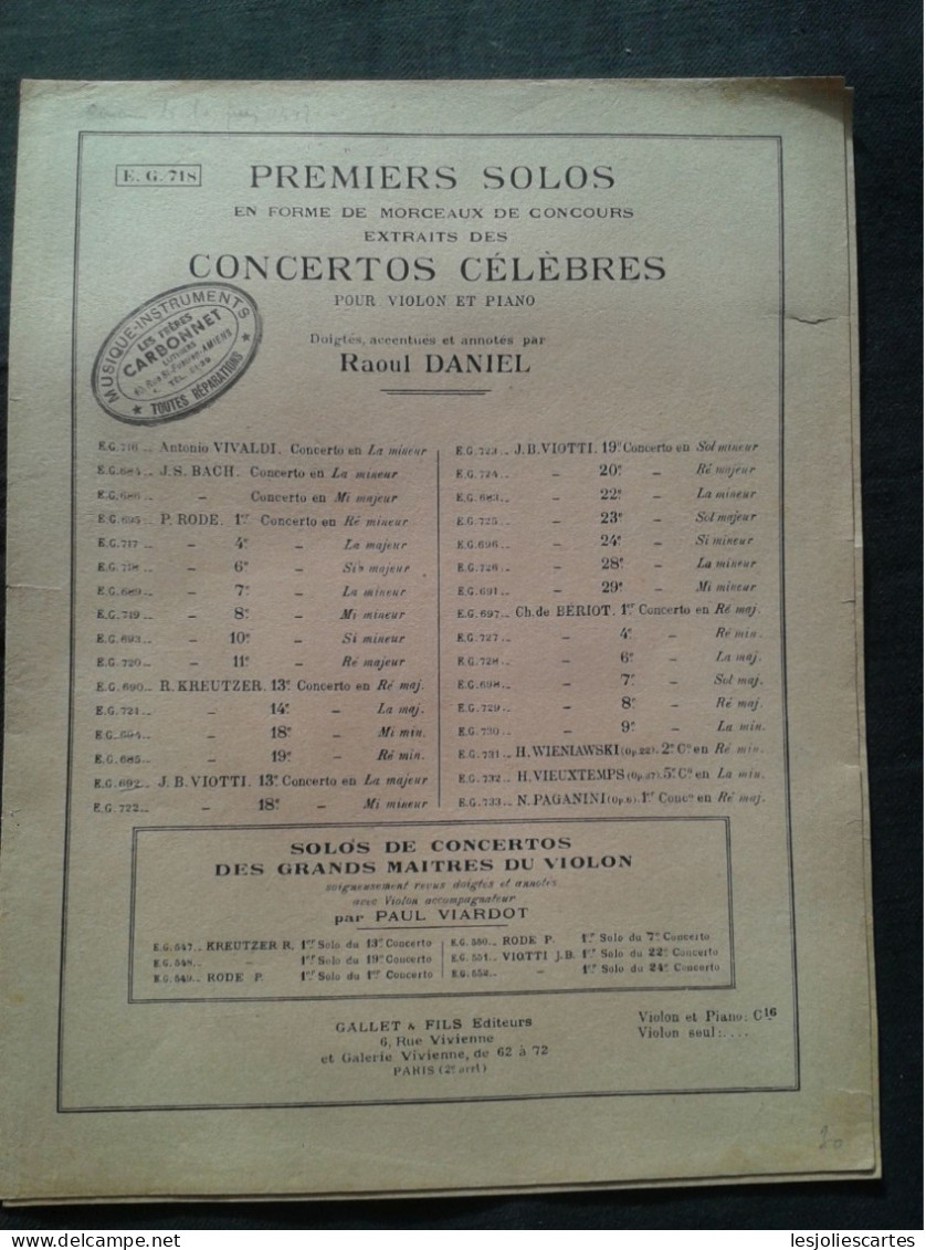 PIERRE RODE 6EME CONCERTO EN SI MAJEUR POUR VIOLON ET PIANO PARTITION EDITION RAOUL DANIEL - Bowed Instruments