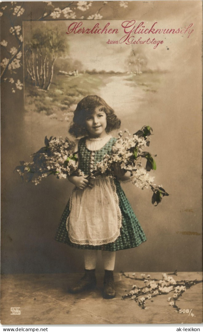 Ansichtskarte  Geburtstag, Fotokunst - Coloriert Mädchen Mit Blumen 1906 - Geburtstag