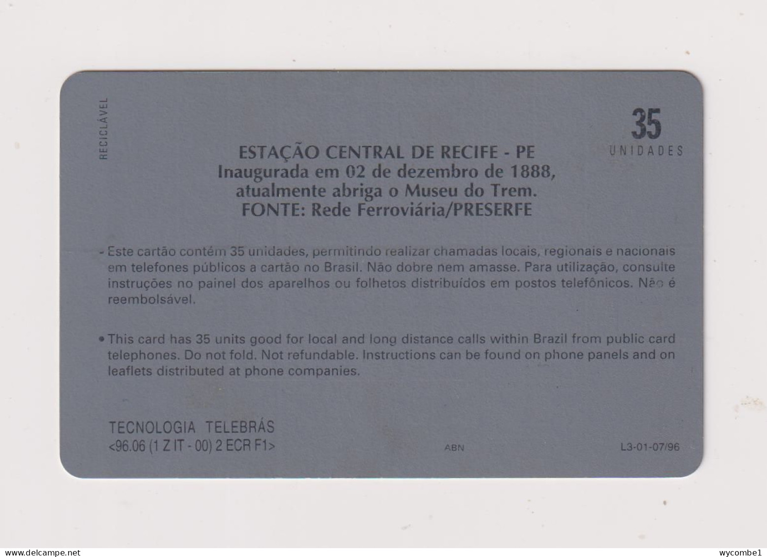 BRASIL - Recife Central Station Inductive  Phonecard - Brésil