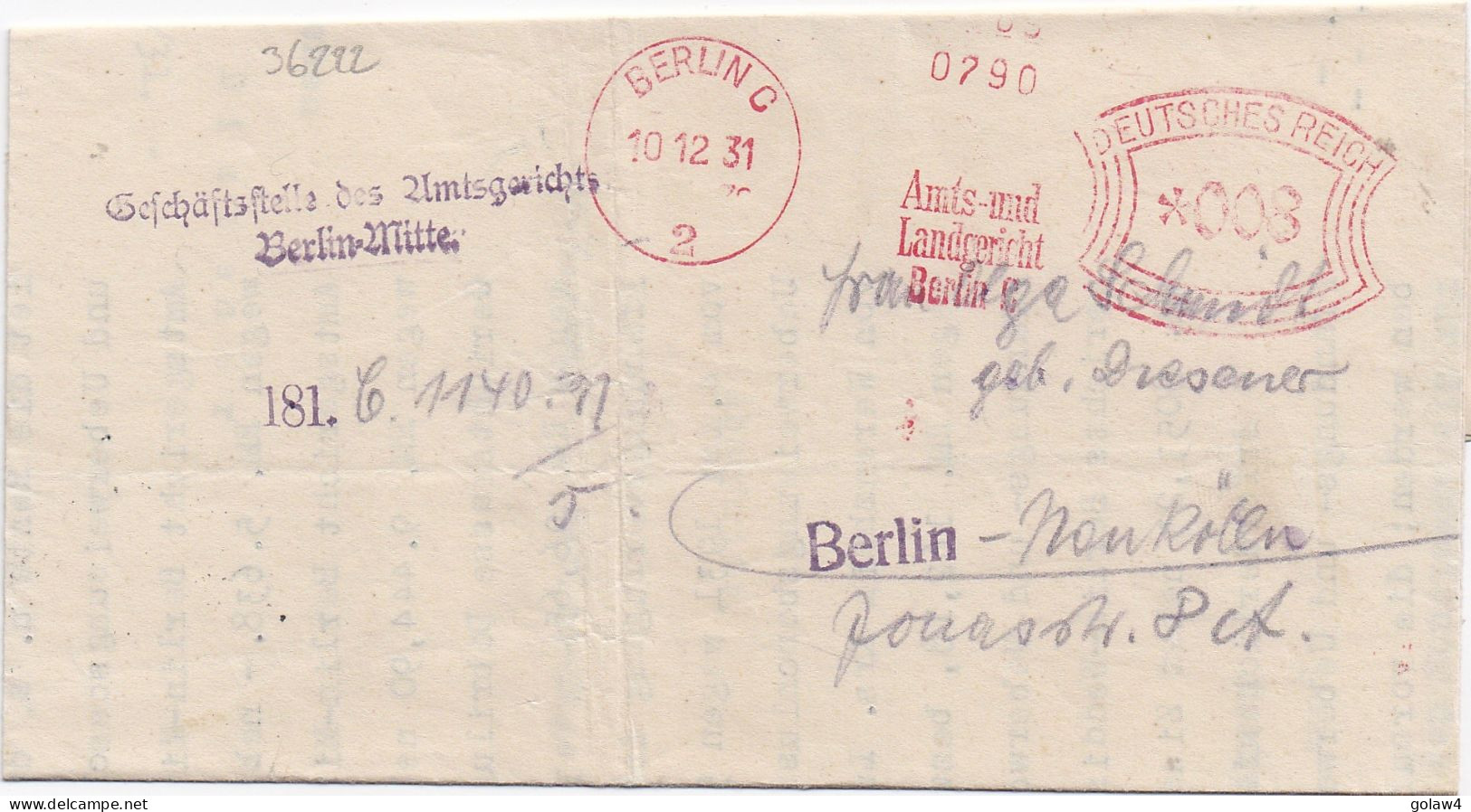 36222# AFS LETTRE Obl BERLIN C 1931 AMTS UND LANDGERICHT 790 PREUSS AMTSGERICHT - Máquinas Franqueo