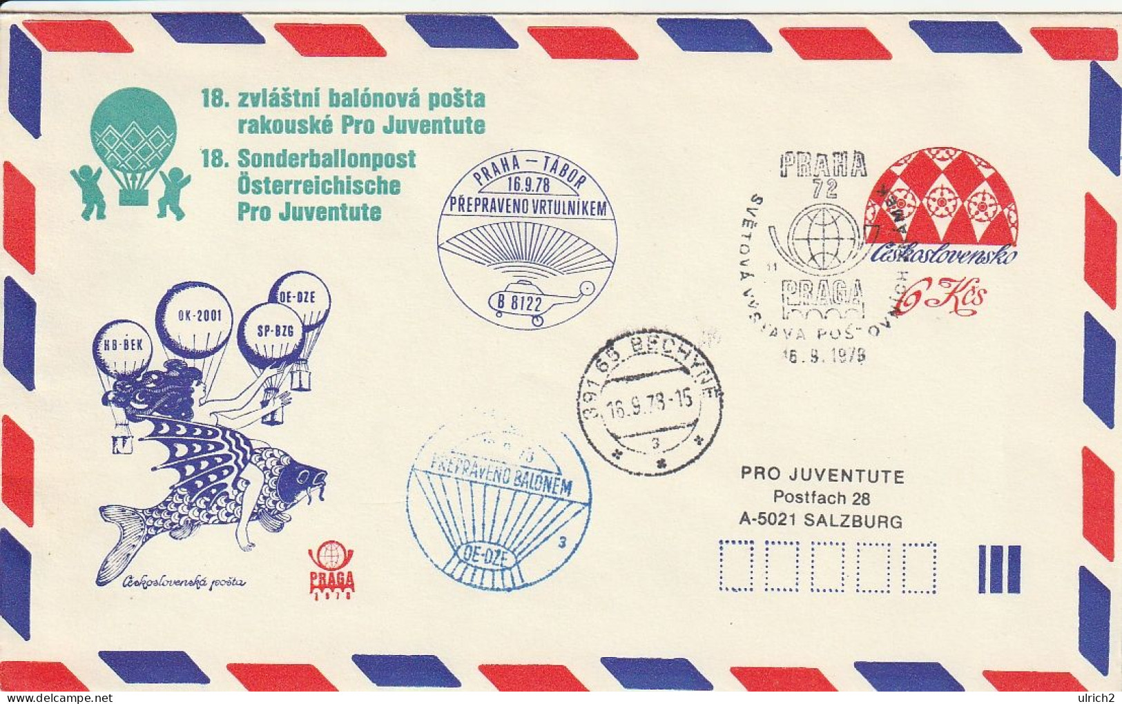 18. Zvlastni Balonova Posta Rakouske Pro Juventute - Sonderballonpost - Praha 1978  (68071) - Covers & Documents