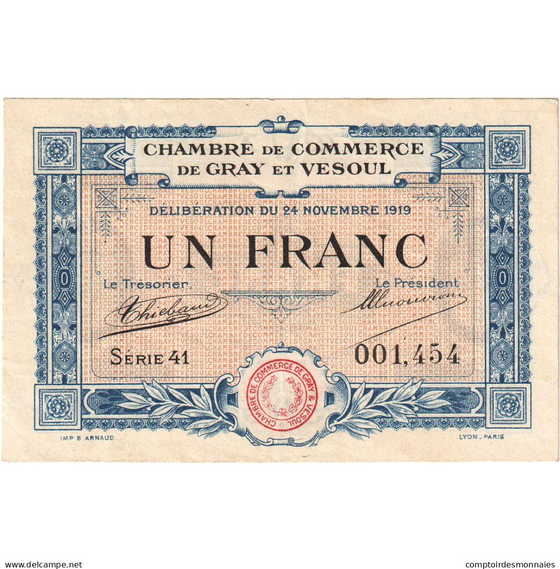 France, Gray Et Vesoul, 1 Franc, 1919, TTB+, Pirot:62-13 - Chambre De Commerce