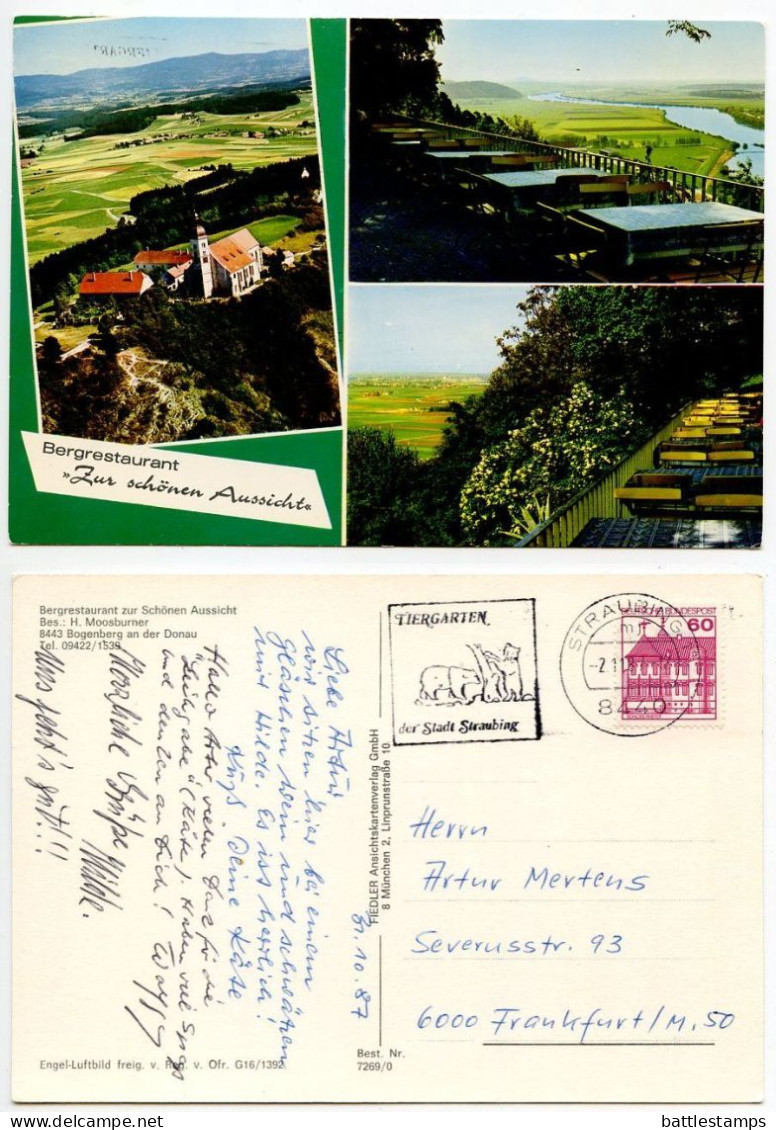 Germany, West 1987 Postcard Bogenberg An Der Donau - Bergrestaurant Zur Schönen Aussicht; Straubing Slogan Cancel - Straubing