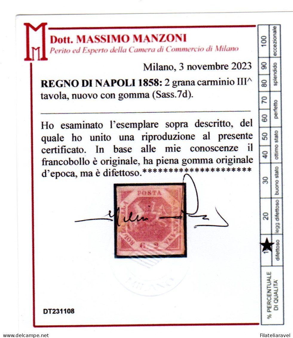 ** 1858 Napoli  2 Grana 7d Piena Gomma  Cert Manzoni - Neapel