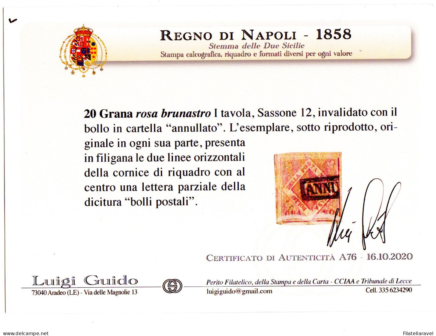 Us  Napoli 1858 20 Grana N 12 Filigrana Bolli Postali Cert. Guido - Neapel