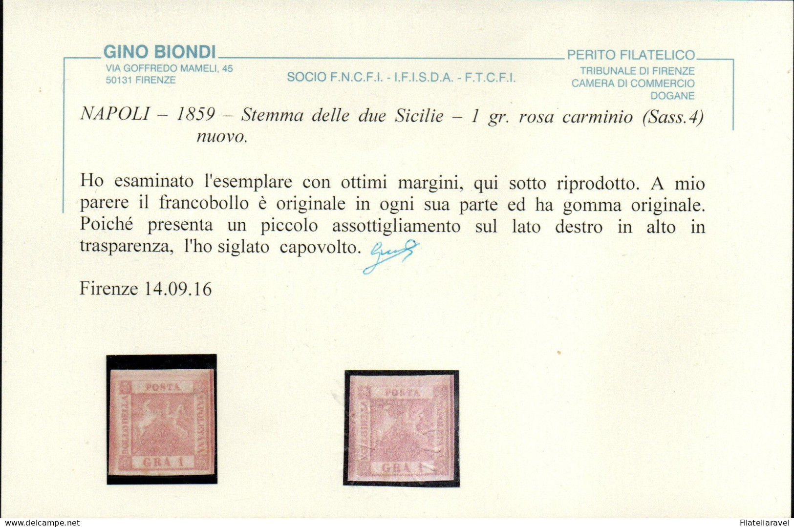 * 1858 -  Napoli 1 Grano II Tavola (4), Rosa Carminio Nuovo Linguellato, Piccolo Assottigliamento, Cert Biondi (2.200) - Naples