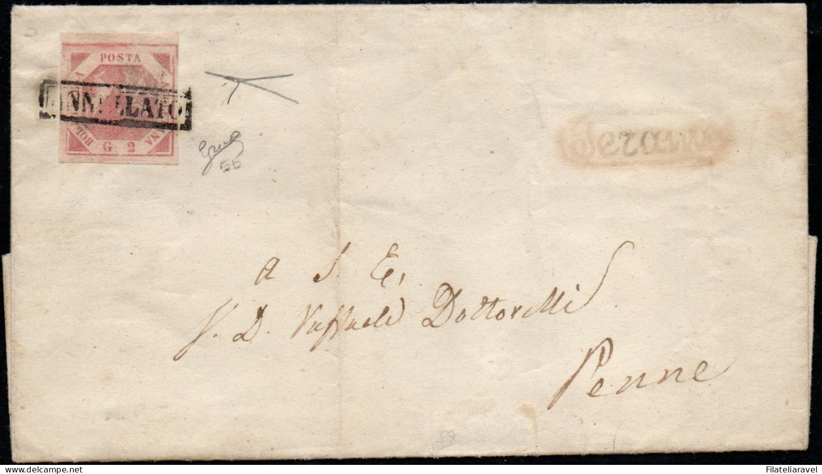 Ltr 1858 - Napoli - Lettera Da Teramo A Penne, 2 Grana Lilla Rosa (5b)  Cert Biondi (4.250) - Naples