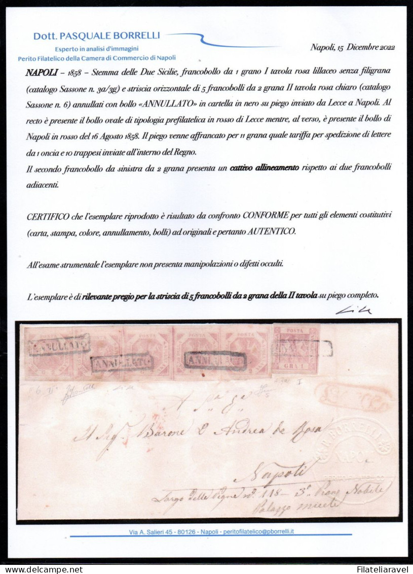 Ltr 1858 - Napoli - Piego Di Lettera, Striscia Di 5 Val Del 2 Gr II Tav (6+6i+3a), Cert Moscadelli/Borrelli (25.000) - Naples