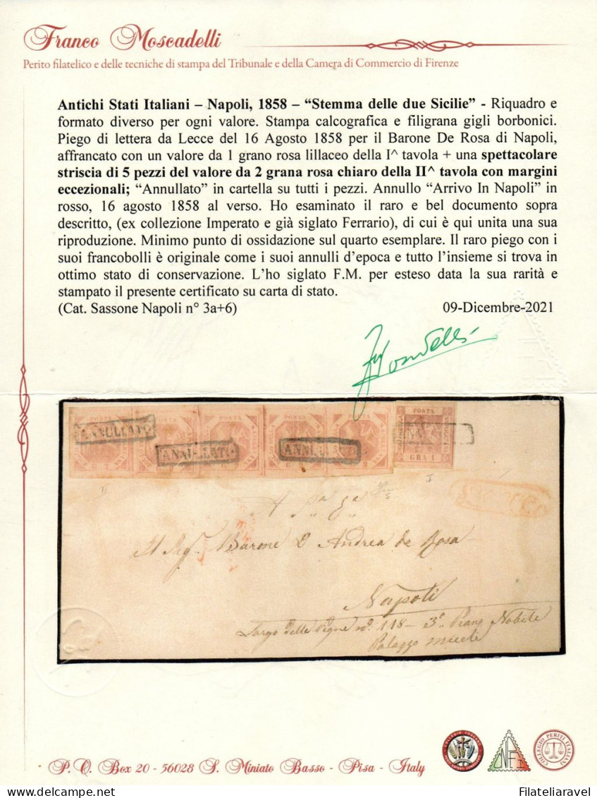 Ltr 1858 - Napoli - Piego Di Lettera, Striscia Di 5 Val Del 2 Gr II Tav (6+6i+3a), Cert Moscadelli/Borrelli (25.000) - Naples