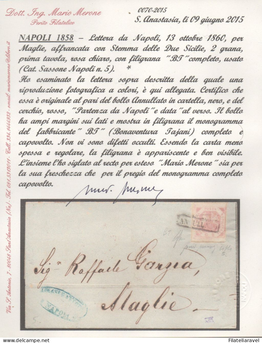 Ltr 1858 -  Napoli - Lettera Da Napoli A Maglie, 2 Grana (5a) Filigrana "BT" Completo E Capovolto RARA, Cert. Merone - Naples