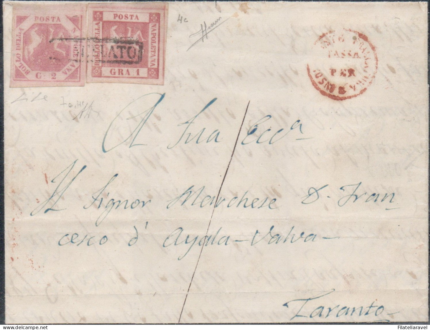 Ltr 1860 - Napoli - Piego Da Napoli A Taranto, 2 Gr (7a) + 1 Gr (4c), Tassa Per Insofficiente Francatura, Cert. Borrelli - Neapel