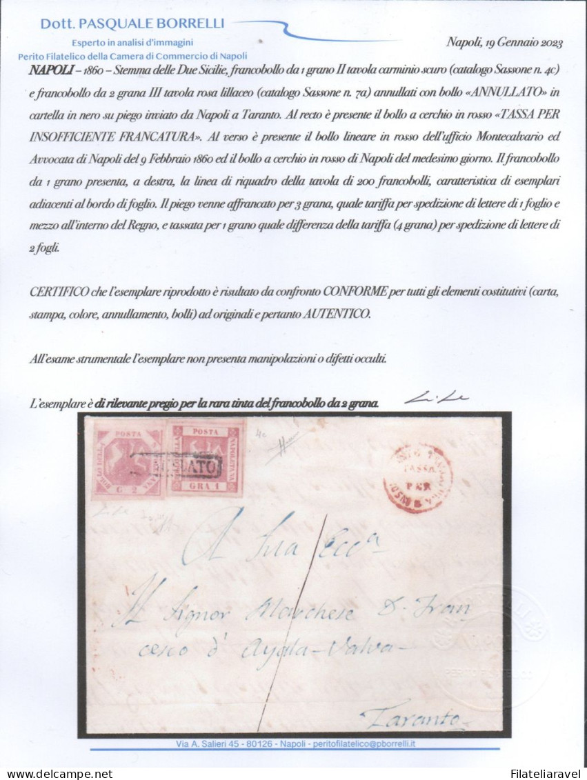Ltr 1860 - Napoli - Piego Da Napoli A Taranto, 2 Gr (7a) + 1 Gr (4c), Tassa Per Insofficiente Francatura, Cert. Borrelli - Neapel