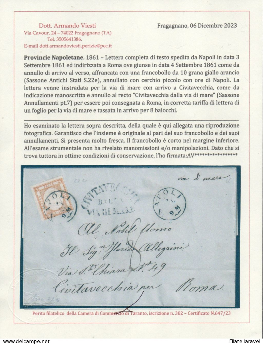 Ltr 1861 -  Napoli - Province Napoletane Lettera Da Napoli A Roma,10 Gr Giallo (22e) "Via Di Mare" Cert. Viesti - Naples