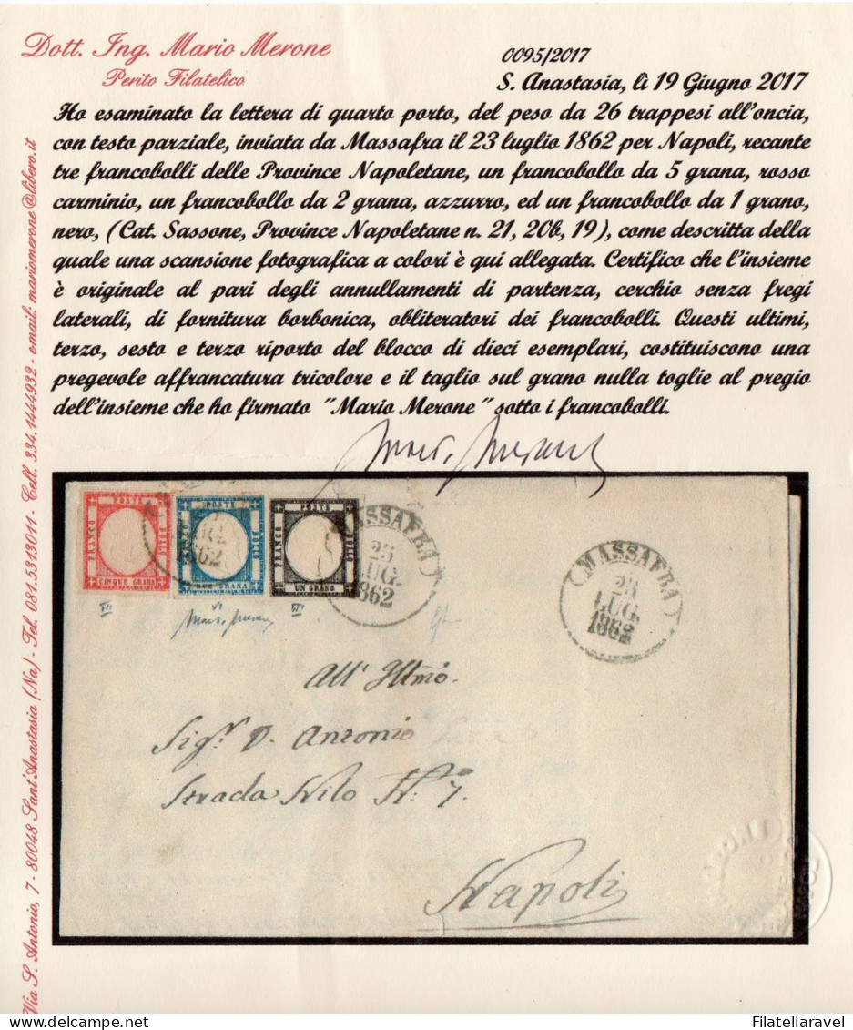 Ltr 1862 -  Napoli - Province Napoletane, Tricolore Da Massafra A Napoli, 5gr (21)+2gr (20b)+1gr (19)Cert.Merone (3.000) - Naples