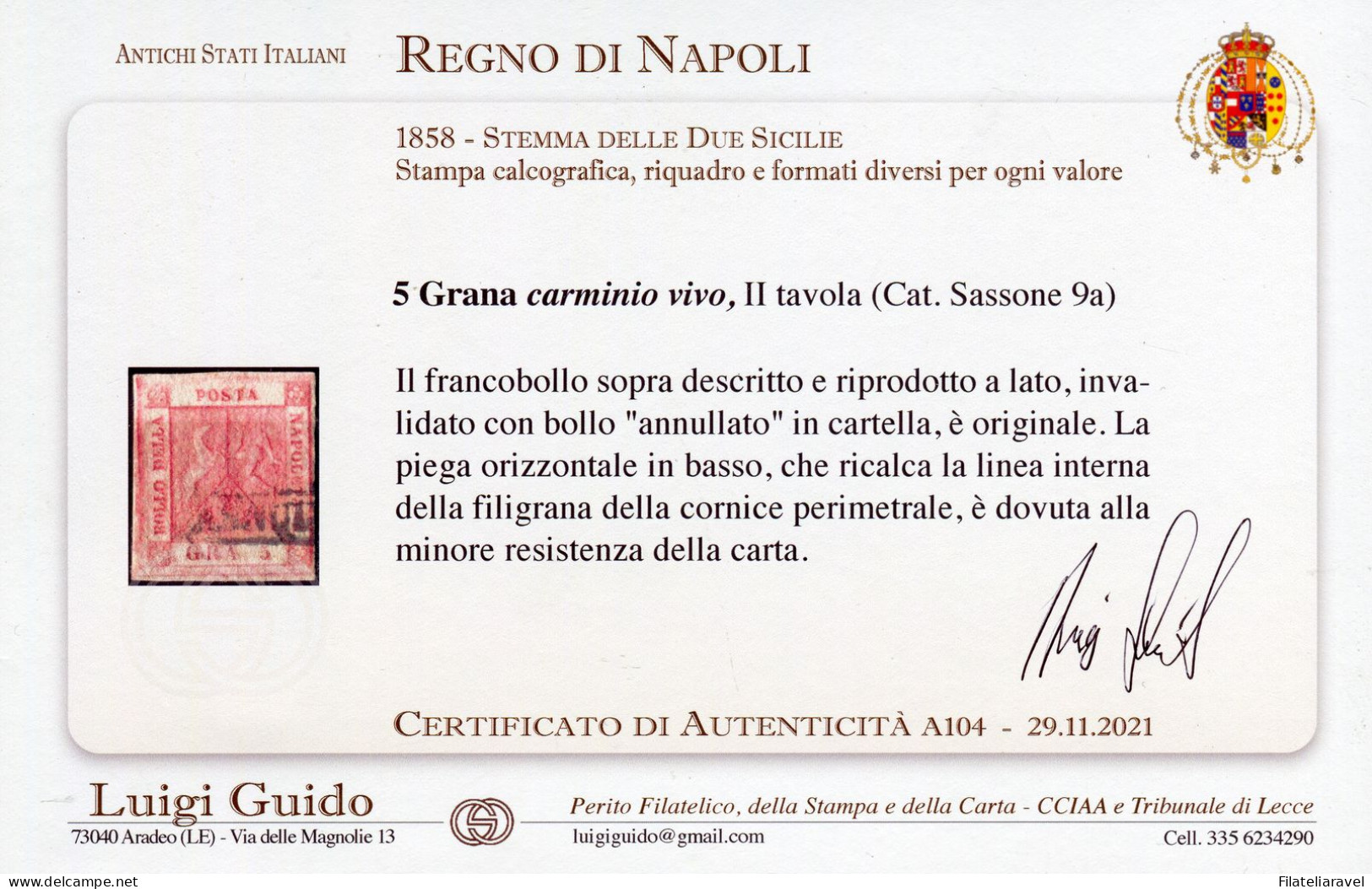 Us 1858 - Napoli - 5 Grana Carminio Vivo (9a) II Tavola, La Piega Orizzontale è La Filigrana Perimetrale. Cert. Guido - Naples