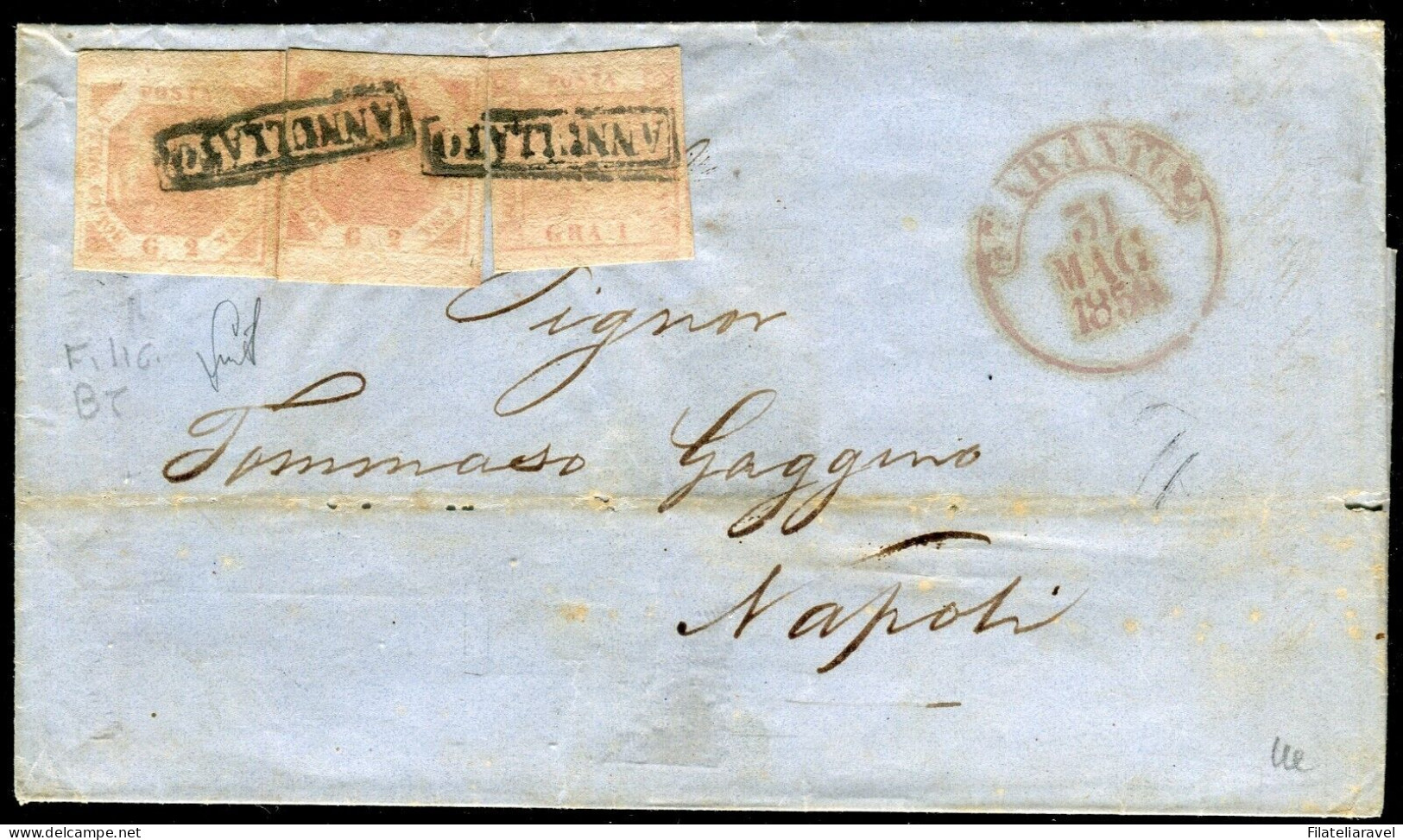 Ltr 1858 - Napoli - Lettera Da Taranto A Napoli, Filigrana BT  Su 2 Grana RARO, Cert. L. Guido - Naples