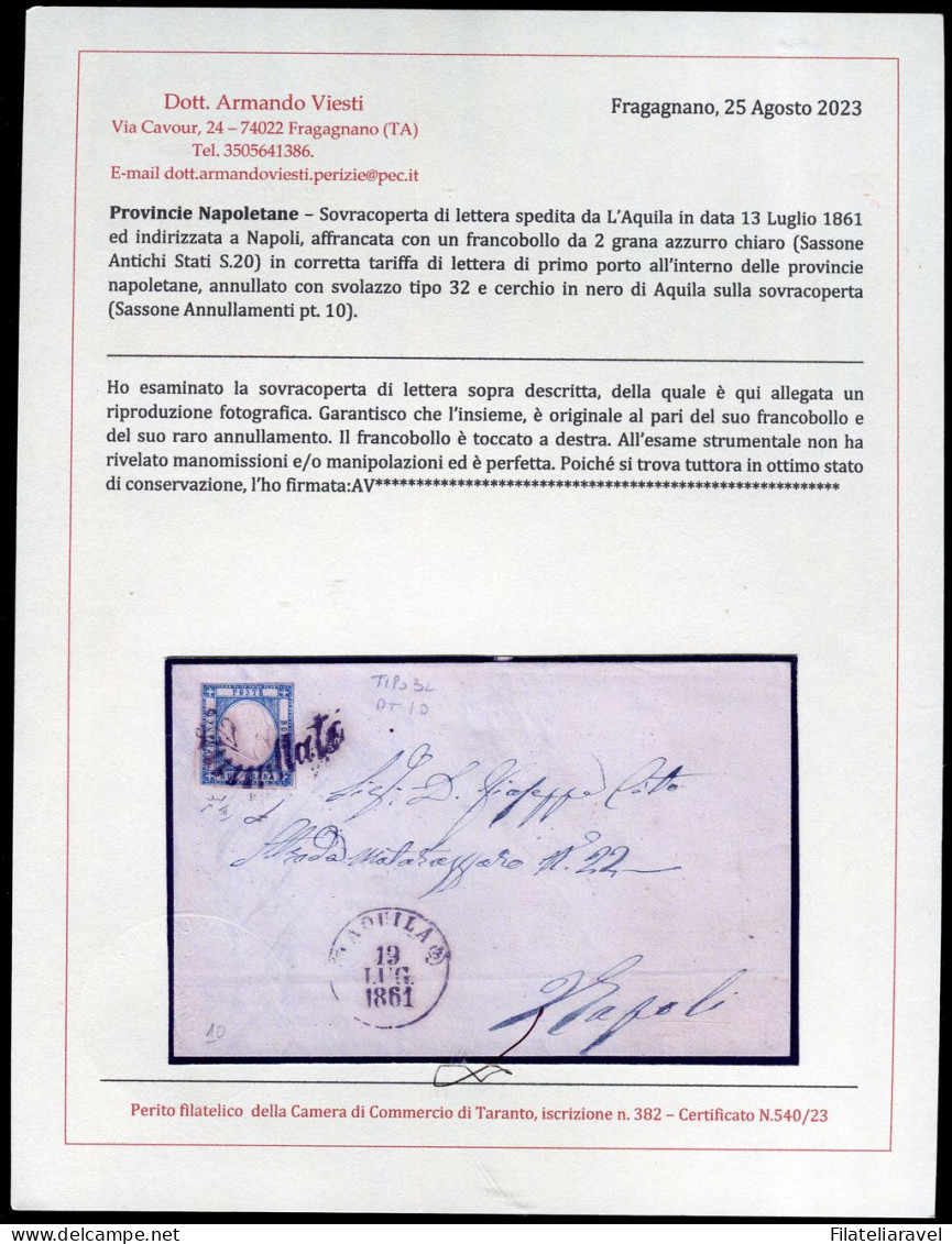 Ltr 1861 - Prov. Napoletane - Lettera Da Aquila A Napoli, 2 Gr Azzurro Chiaro (20 ) Svolazzo Tipo 32 Punti 10, Cert.Vies - Naples