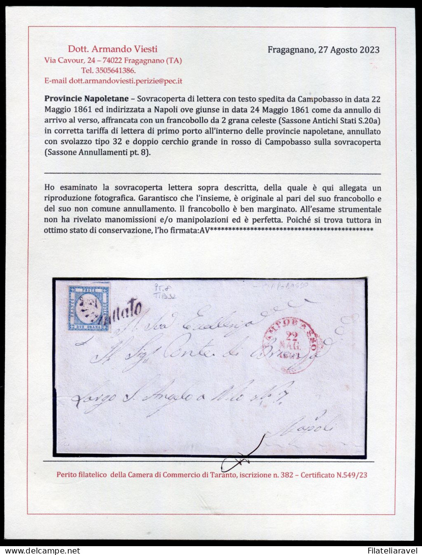 Ltr 1861 - Prov. Napoletane - Lettera Da Campobasso A Napoli, 2 Grana Celeste (20a ) Svolazzo Tipo 32 Punti 8, Cert.Vies - Naples