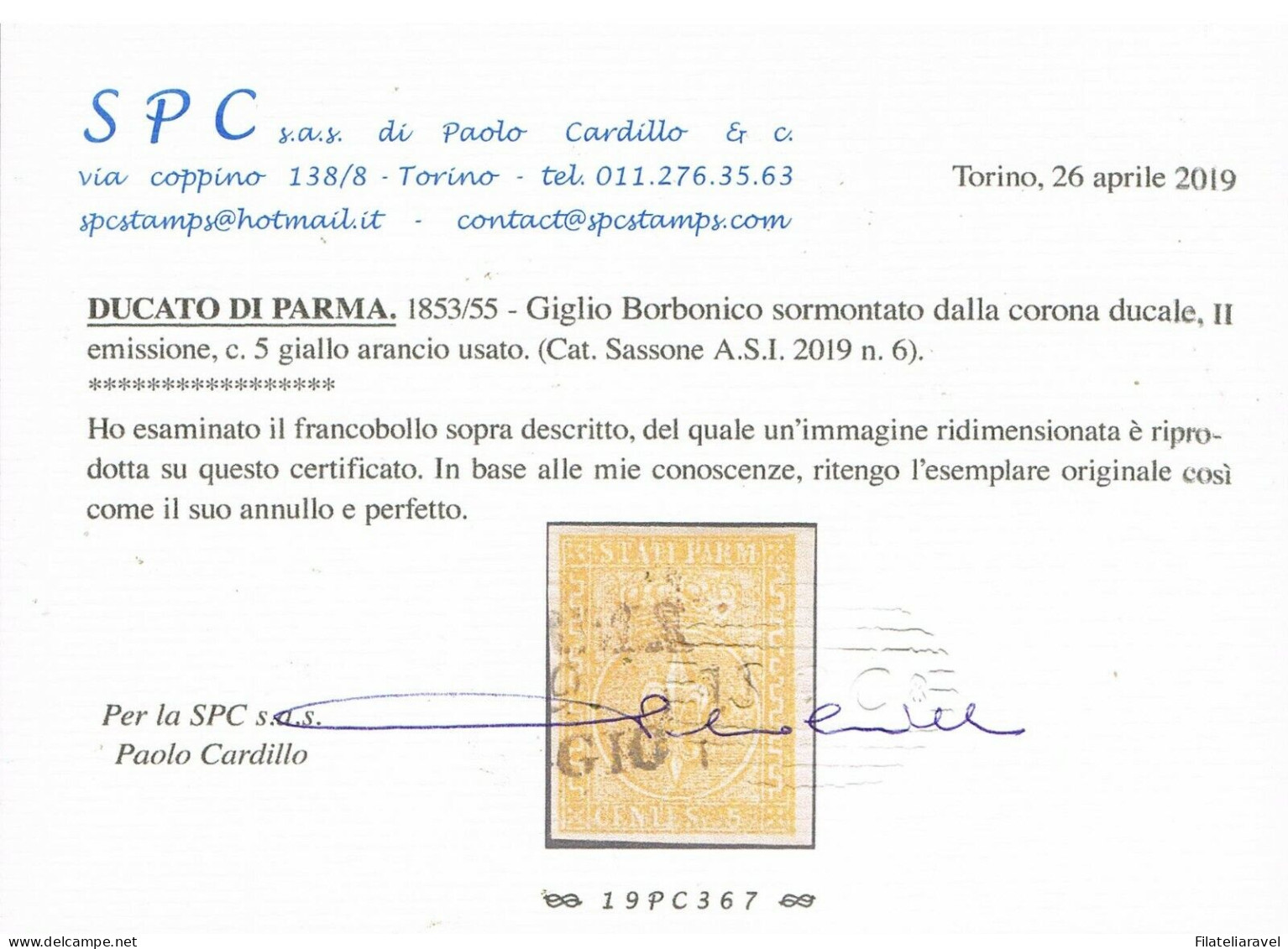 Us 1853/55 Parma- 5 Centesimi Giallo Arancio Bordo Foglio (6) Splendido, Usato, Cert. P.Cardillo - Parme