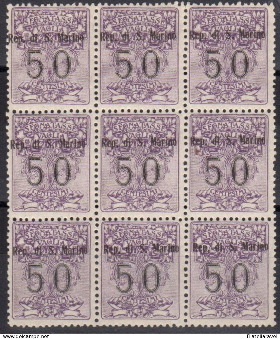 ** San Marino 1924 Blocco Di 9 Gomma Integra Segnatasse Per Vaglia N 3 Centratissimo - Timbres-taxe