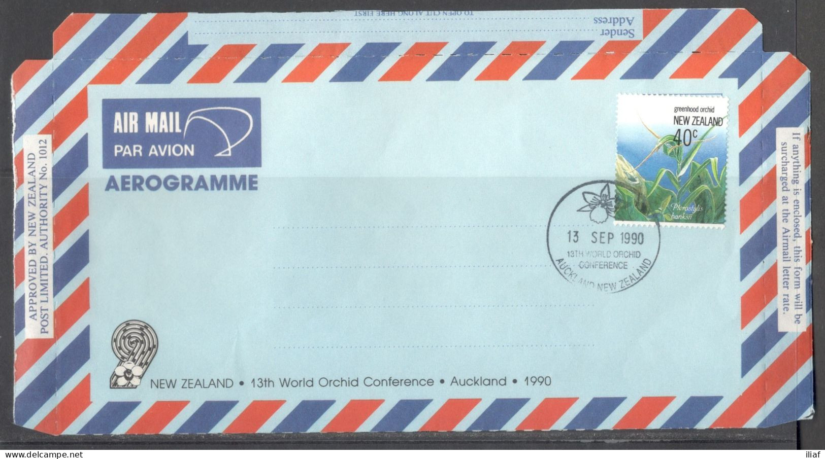 New Zealand. Aerogramme.  13th World Orchid Conference, Auckland, 1990.  Special Cancellation On Airmail Aerogramme. - Luchtpost