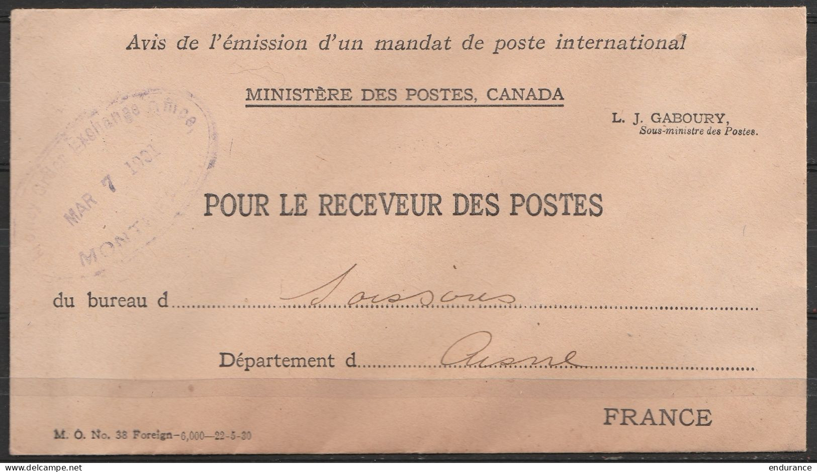 Pli De  Service - Avis De L'émission Du Mandat De Poste Du Canada Càd Oval MONTREAL /MAR 7 1931 Pour Recveur Des Postes  - Lettres & Documents