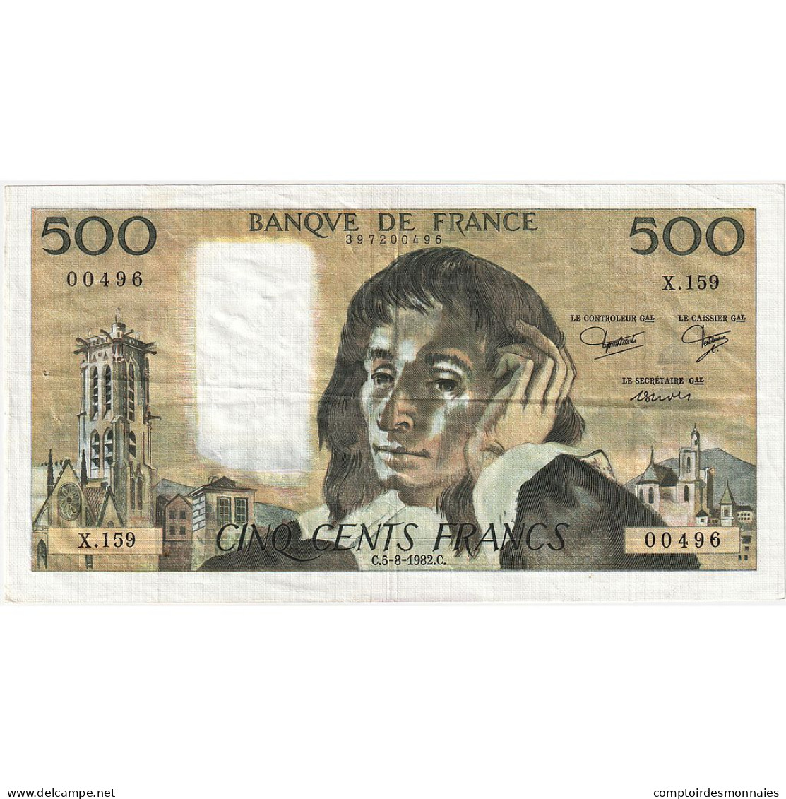 France, 500 Francs, Pascal, 1982, X.159, TTB+, Fayette:71.27, KM:156e - 500 F 1968-1993 ''Pascal''