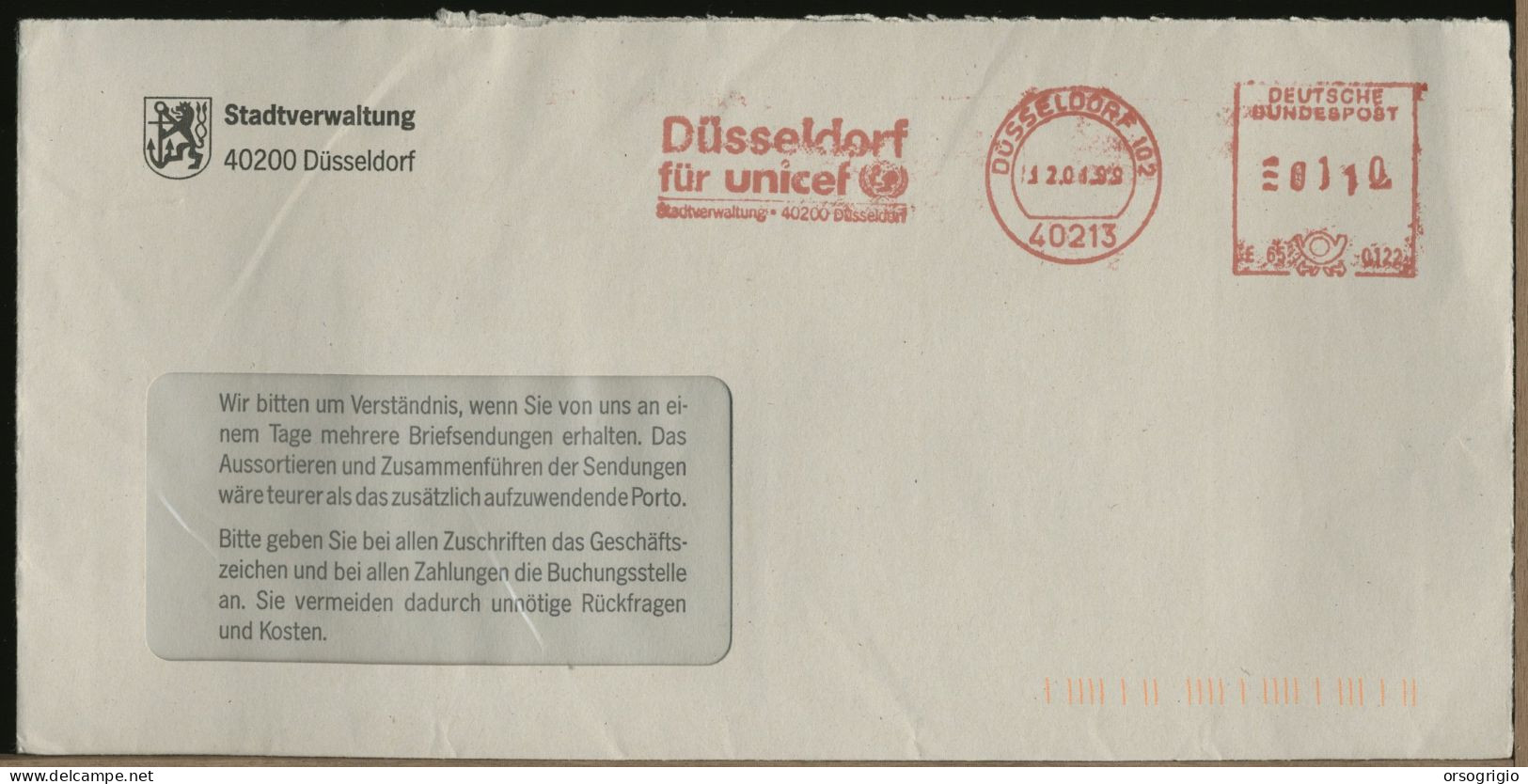 GERMANY - DEUTSCHE - DUSSELDORF  Fur  UNICEF - Maschinenstempel (EMA)