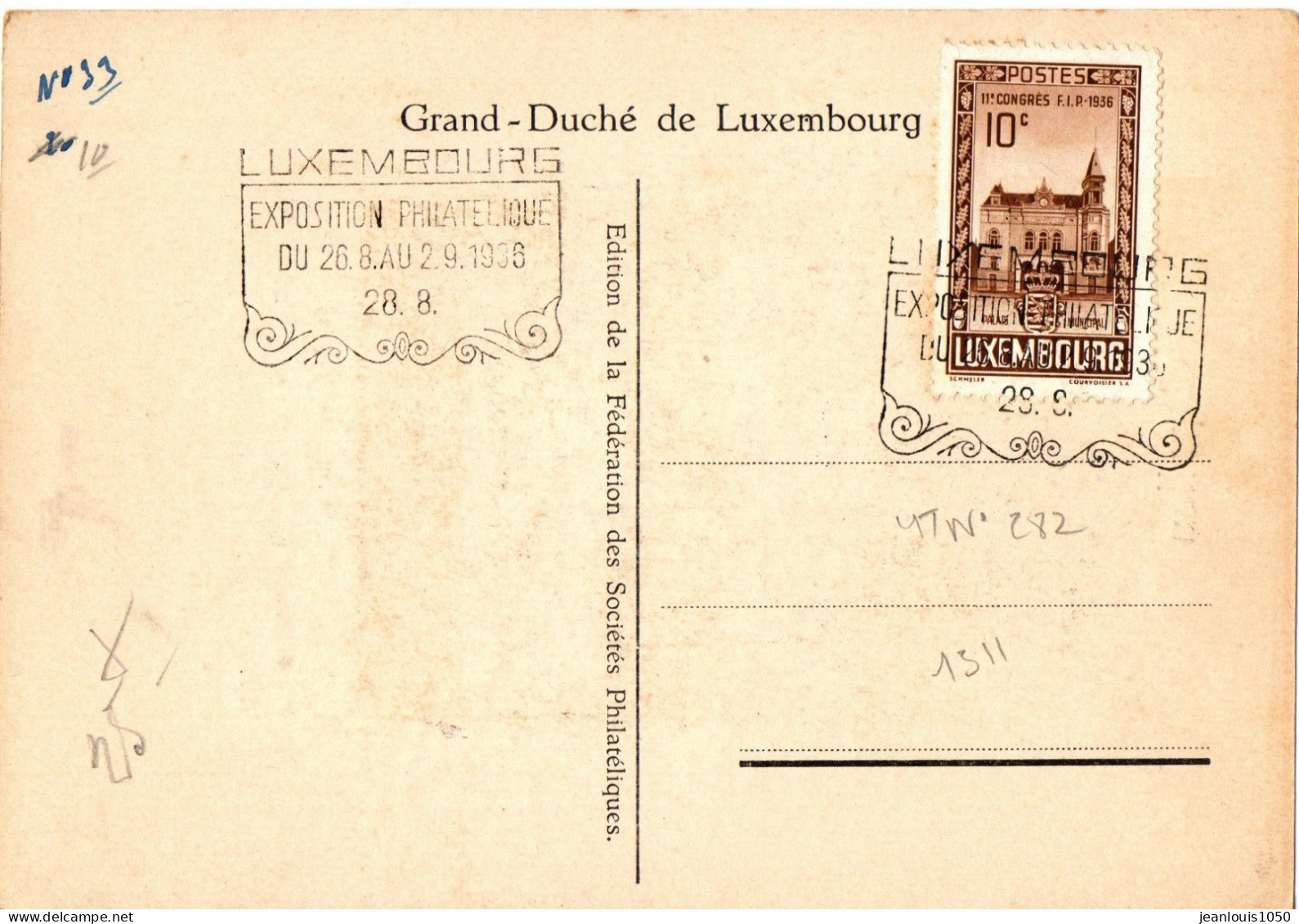 LUXEMBOURG YT N°282 SUR CARTE SPECIALE ET OBLITERATION SPECIALE EXPOSITION PHILATELIQUE LUXEMBOURG 1936 - Storia Postale