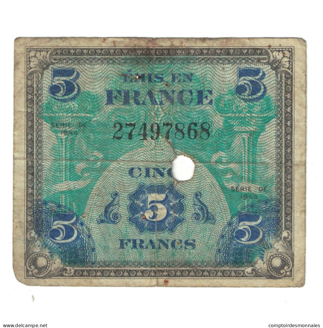 France, 5 Francs, Drapeau/France, 1944, 27497868, TB, Fayette:17.1, KM:115a - Chamber Of Commerce