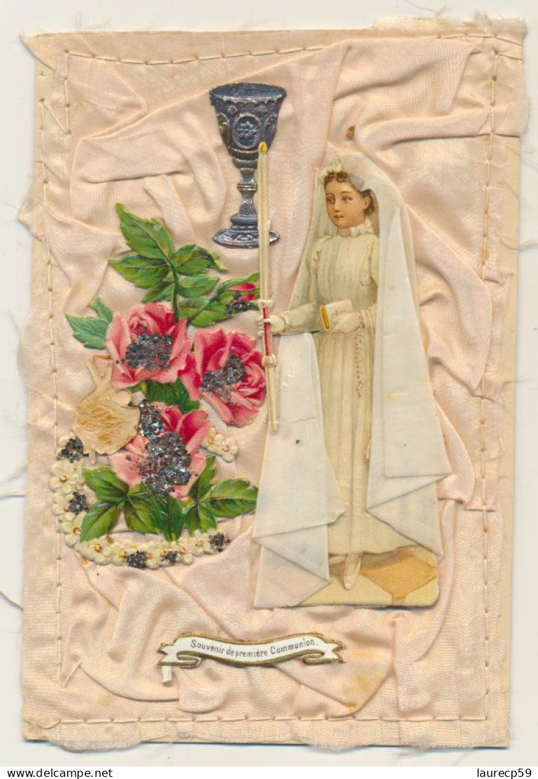 Carte Fantaisie Communiante Voile Tissus  à Système Chromos Fleurs - Ruban Cousu Sur Toute La Carte - Communion