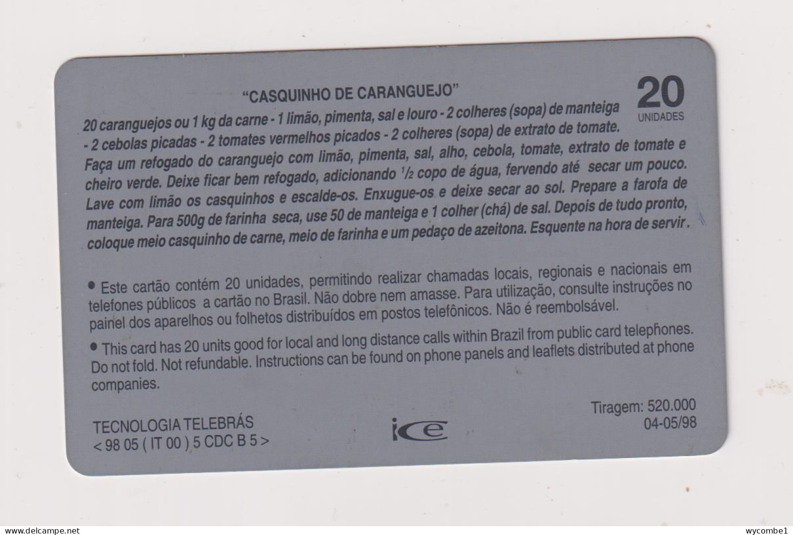 BRASIL -  Canquinho De Caranguejo Inductive  Phonecard - Brasil