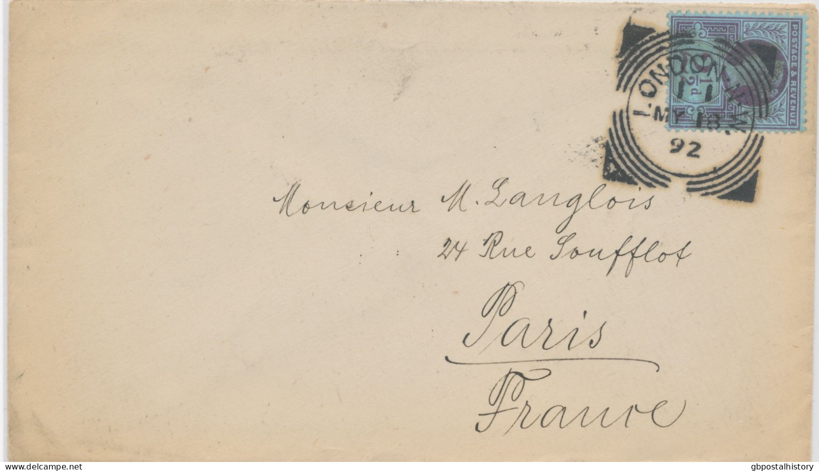 GB „LONDON-N-W.“ Superb Squared Circle Postmark Type I A-1 SC On Very Fine Cover With 2 ½d Jubilee To PARIS. 18.5.1892. - Covers & Documents