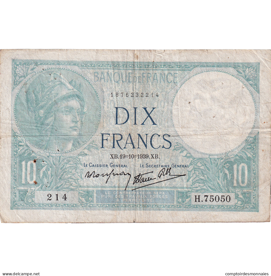 France, 10 Francs, Minerve, 1939, H.75050, TB+, Fayette:7.12, KM:84 - 10 F 1916-1942 ''Minerve''