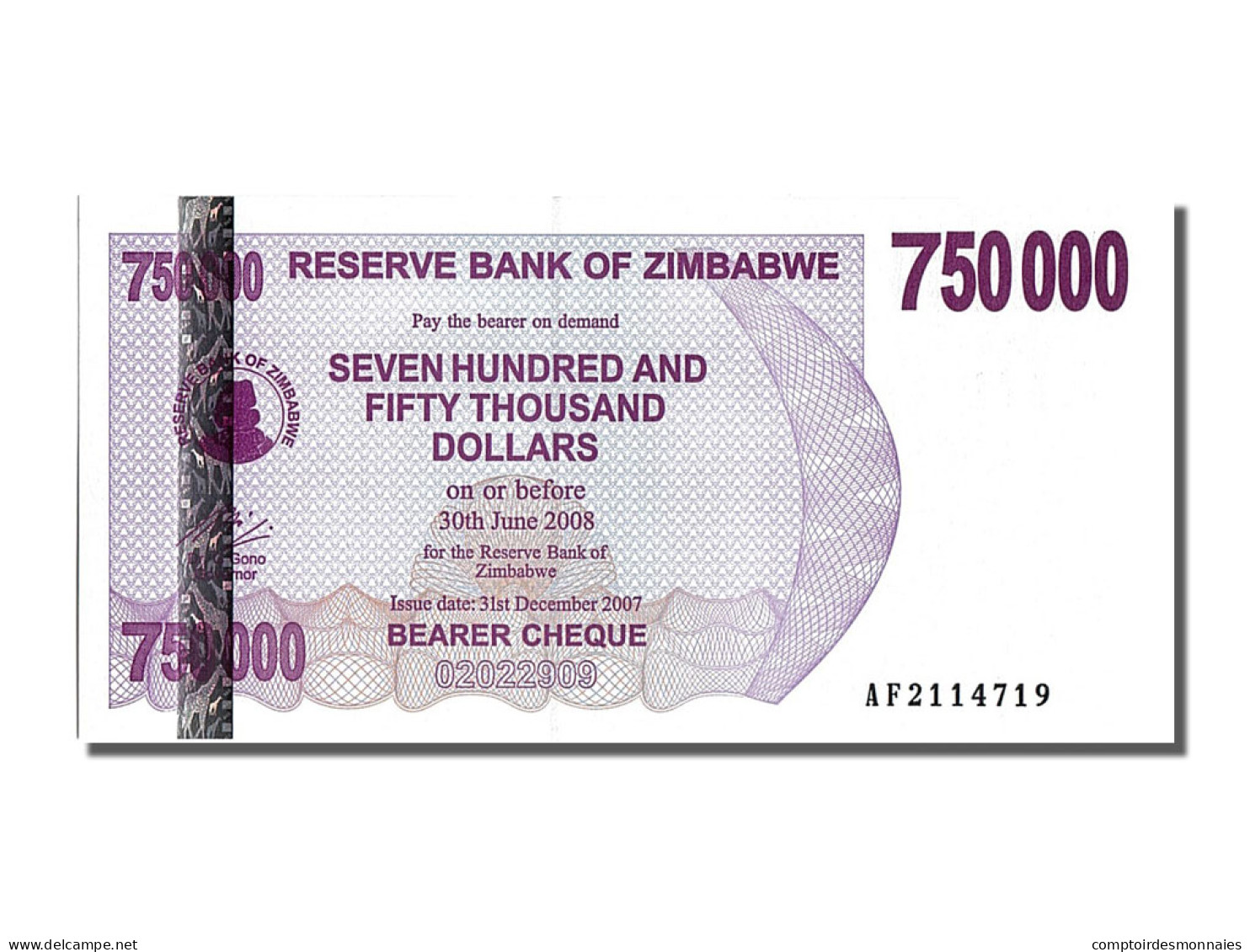 Billet, Zimbabwe, 750,000 Dollars, 2007, 2007-12-31, NEUF - Zimbabwe