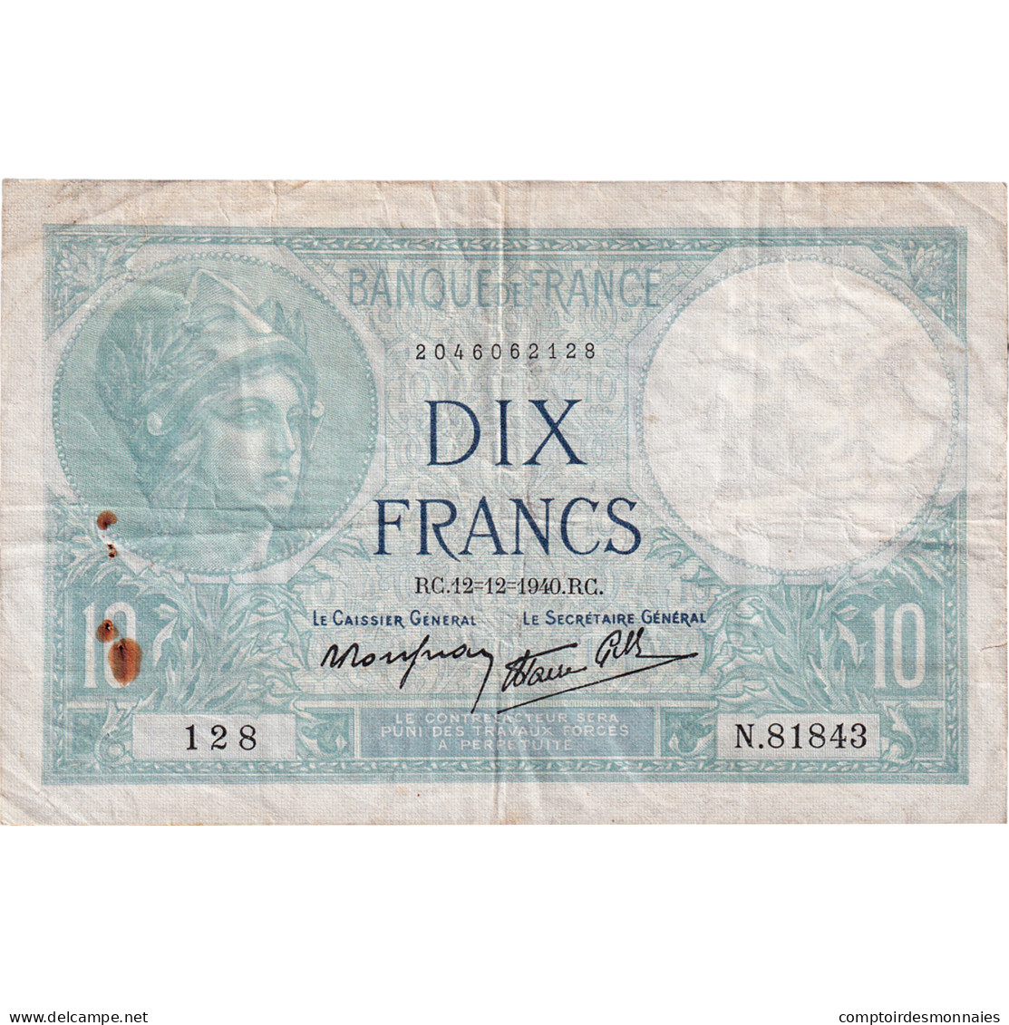 France, 10 Francs, Minerve, 1940, N.81843, TB+, Fayette:7.24, KM:84 - 10 F 1916-1942 ''Minerve''