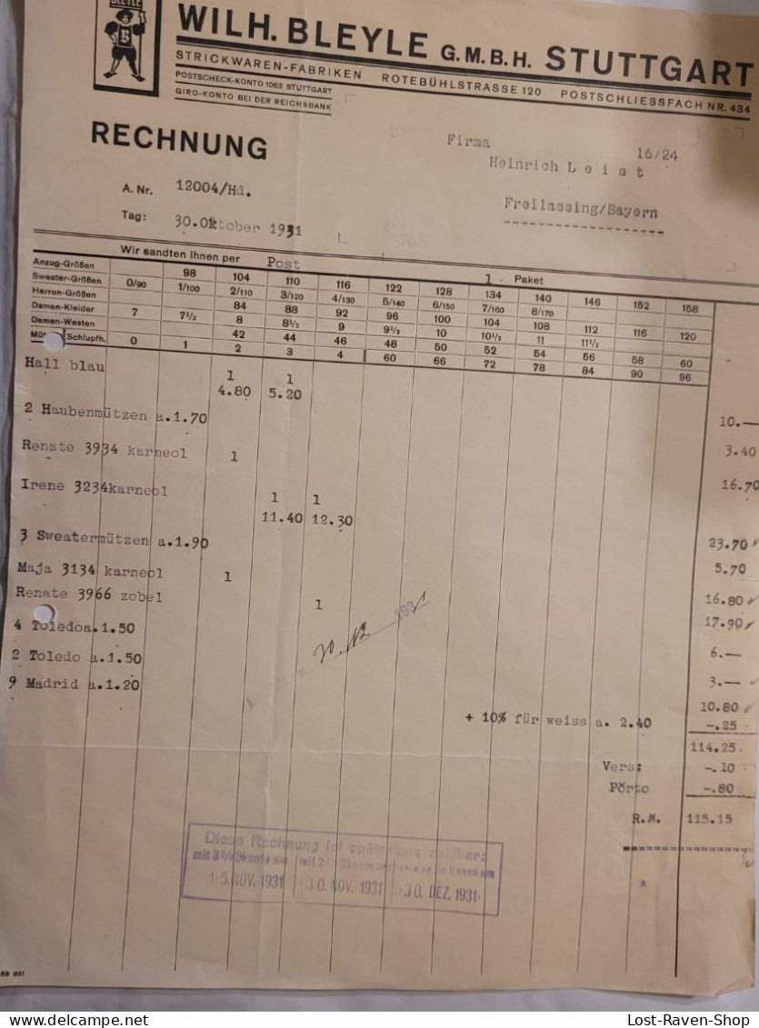 Rechnung - Wilh. Bleyle - Stuttgart - 1931 - 1900 – 1949