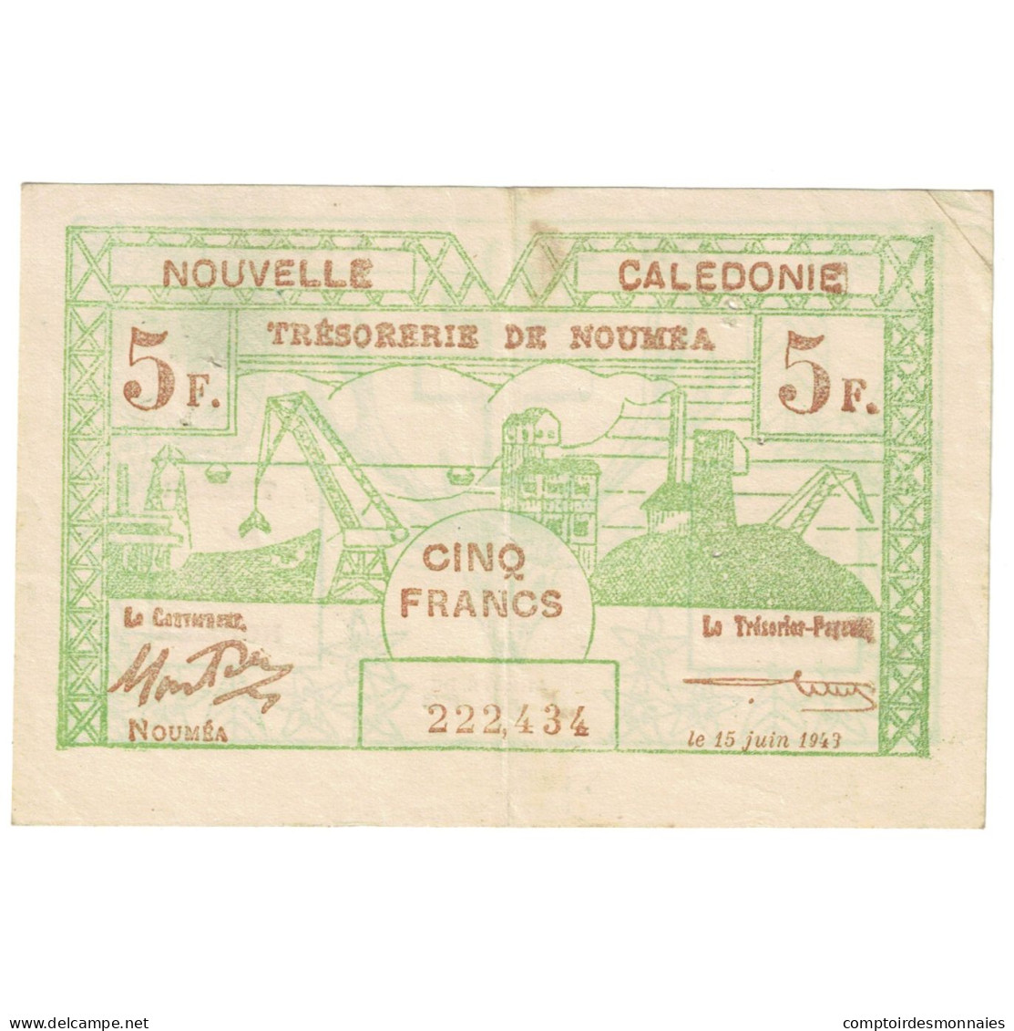 Billet, Nouvelle-Calédonie, 5 Francs, 1943, 1943-06-15, KM:58, TTB - Nouméa (New Caledonia 1873-1985)