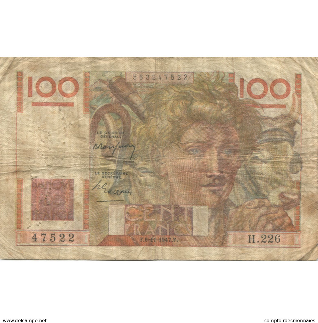France, 100 Francs, Jeune Paysan, 1947, 1947-11-06, TB, Fayette:28.16, KM:128b - 100 F 1945-1954 ''Jeune Paysan''