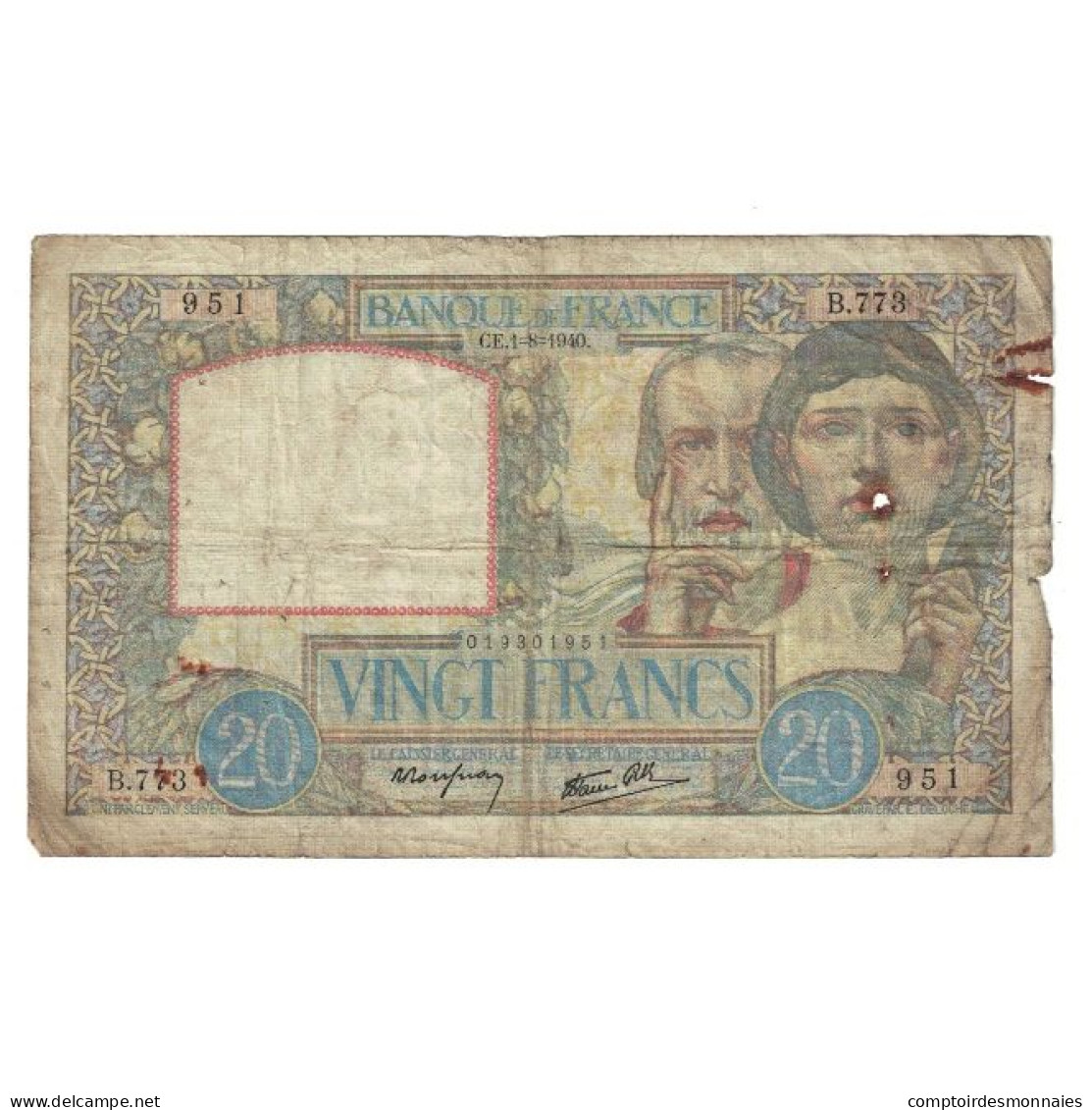 France, 20 Francs, Science Et Travail, 1940, 1940-08-01, B, Fayette:12.05 - 20 F 1939-1942 ''Science Et Travail''